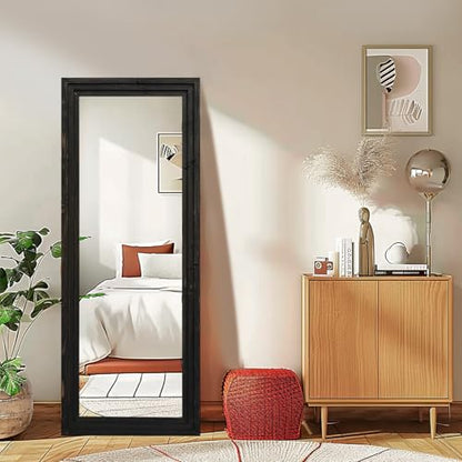 58x22in Full Length Mirror, 3-Tier Stepped Solid Wood Frame, Black - color: Black, size: 58"L x 22"W