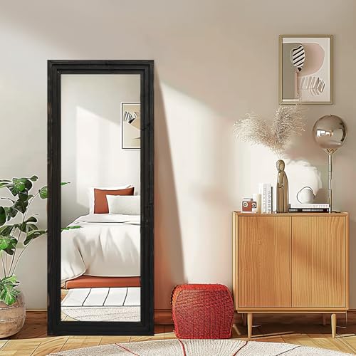 58x22in Full Length Mirror, 3-Tier Stepped Solid Wood Frame, Black - color: Black, size: 58"L x 22"W