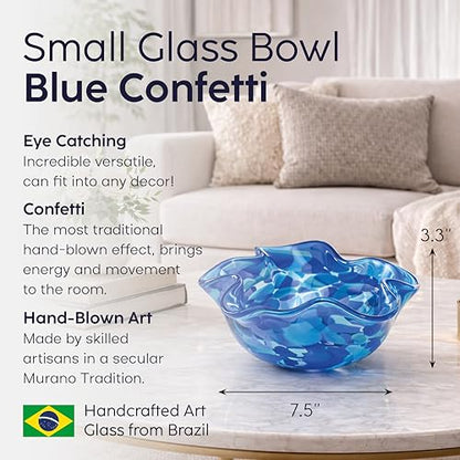 Murano Style Art Glass Bowl Hand Blown Blue Confetti Effect Home Decor - color: Blue Waved