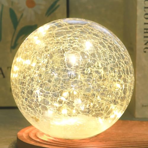 Crackle Globe LED Lamp Battery Operated, 5 inch, Lighted Glass Orb for Living Room & Festival Christmas Decoration, Indoor Glowing Night Light Sphere Table Lamp for Mother's Gift - size: 5"