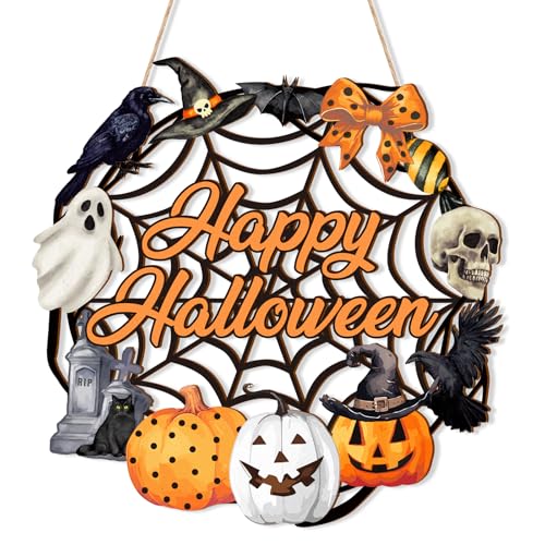 Halloween Decoration Wooden Ghost Door Halloween Wreath for Front Door Sign Wall Signs Decor, Pumpkin Black Cat Wreaths Sign Hanging for Home Wall Decor Outdoor Indoor Farmhouse Party Supply