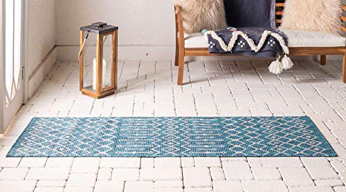 Unique Loom Outdoor Trellis Collection Area Rug - Tribal Trellis (2' x 6' 1" Runner, Teal/ Ivory) - color: Teal/Ivory, size: 2' x 6'1" (Runner)