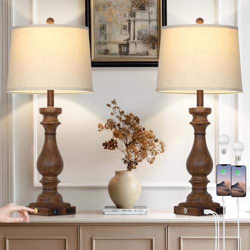 Cinkeda 29" Tall Farmhouse Table Lamp for Living Room Set of 2,Vintage Retro Nightstand Lamps with USB C+A Ports & AC Outlet,3-Way Dimmable Touch Bedside Lamp for Bedroom Side Table,Brown - color: Brown