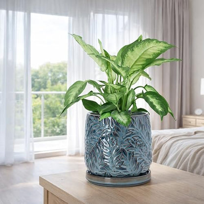 D'vine Dev Embossed Leaves Ceramic Planter, 6 in, Ocean Teal, 27-A-X-8 - color: Ocean Teal, size: 6 Inch