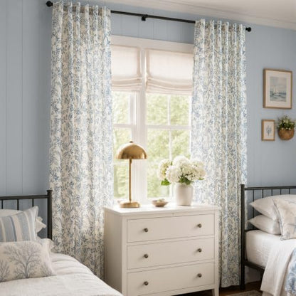 Lazzzy Extra Long Blue Floral Linen Curtains Farmhouse Rod Pocket 2 Panels - color: Blue on Beige, size: 50"W x 108"L (Pack of 2)