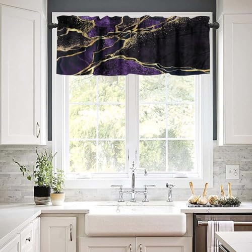 Purple Marble Window Valance, Abstract Modern Luxury Gold Black Cracked Lines Print Blackout Short Curtain Treatment for Home Kitchen Bedroom Living Room Cafe, 54x18inch - color: Marble-23