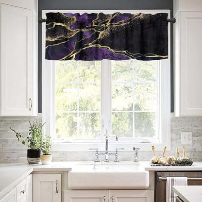 Purple Marble Window Valance, Abstract Modern Luxury Gold Black Cracked Lines Print Blackout Short Curtain Treatment for Home Kitchen Bedroom Living Room Cafe, 54x18inch - color: Marble-23