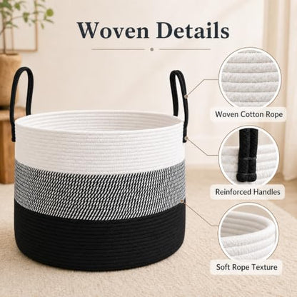 JMvicyroam 65L Extra Large Machine Washable Cotton Rope Blanket Basket - color: White&Black Mix, size: 65L