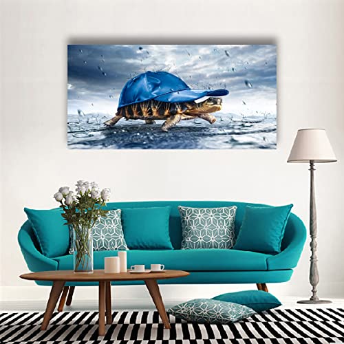 Haichuang Decor Art Funny Turtle Canvas Wall Art 40x20 Inches Framed Turtle with Blue Cap Wall Decor Wood Frame Waterproof HD Giclee Print Ready to Hang Humor Animal Artwork for Living Room Bedroom Bathroom - color: Blue Lovely Sea Turtle, size: 40"L x 20