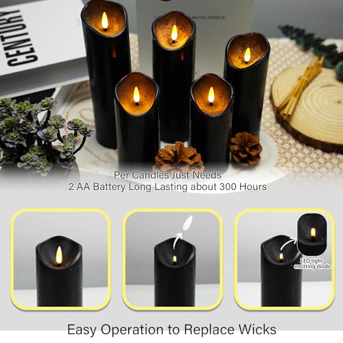 Nimiko Flickering Flameless Candles with Remote Control and Timer Set of 5 Pc Real Wax LED Pillar Candles, Battery Operated Candles（D2.2×H5/5.5"/6"/7"/8"） Home Decor Flameless Candles（Black） - color: True wax black