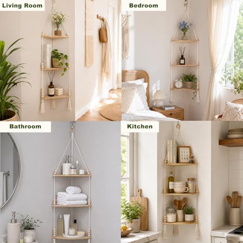Artilady Macrame Corner Shelf Wall Hanging 3-Tier Adjust Boho Storage Decor - color: Beige 3-tier