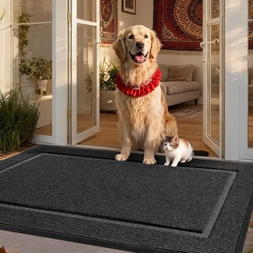 Large Front Door Mat Outside Entrance Indoor Doormat, 48" x 30" Outdoor Mats For Patio Waterproof, Outdoor Door Mats For Outside Entry, Indoor Rugs for Entryway, Sturdy Natural Rubber Entry Mat, Black - color: Black, size: 2'6" x 4' (Rectangular)