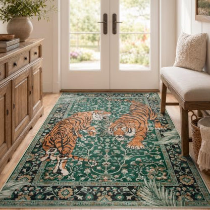Moynesa Boho Tiger 4x6 Rug, Washable Non Slip Area Rug for Living Room - color: Green, size: 4' x 6' (Rectangular)