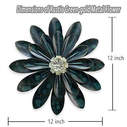 Metal Flower Wall Sculpture,12" Dark Blue Green Rustic Modern Floral Art - color: 03C-Dark Green
