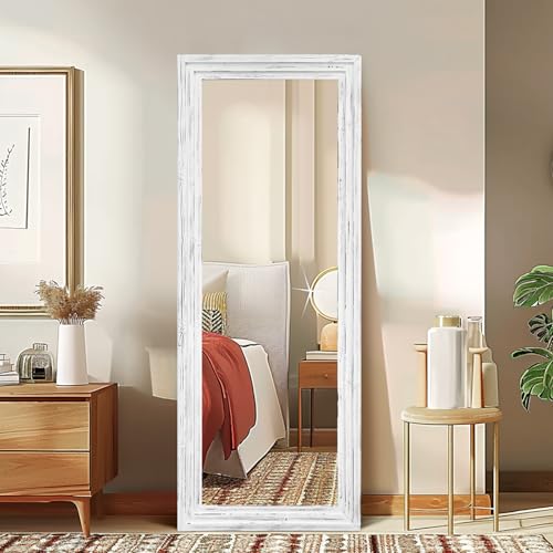 58x22in Full Length Mirror, 3-Tier Stepped Solid Wood Frame, White - color: White, size: 58"L x 22"W
