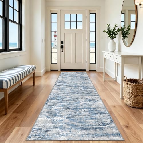 Hallway Runner Rug 3x10 Textured Non Slip Carpet Runner,Modern Ocean Blue - color: Abstract- Ocean Blue, size: 3' x 10' (Runner)