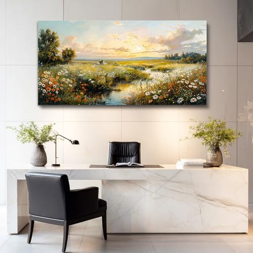 XIGUANGART Nature Landscape Wall Art, Sunset Wildflowers Pictures 20X40 In - color: Pastoral Scenery Paintings, size: 40"L x 20"W