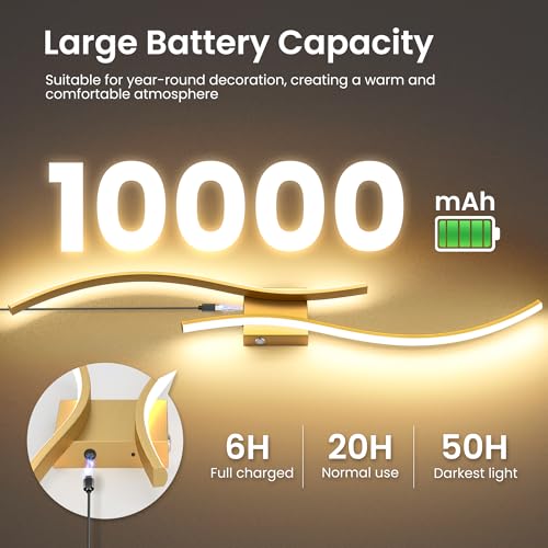10000mAh Battery Operated Wall Sconces Set of 2, Gold, 39.4 Inch - color: Gold, size: 39.4in