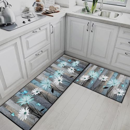Kitchen Rugs Set of 2 Non Slip WashableFloral Butterfly - color: Rustic Daisies