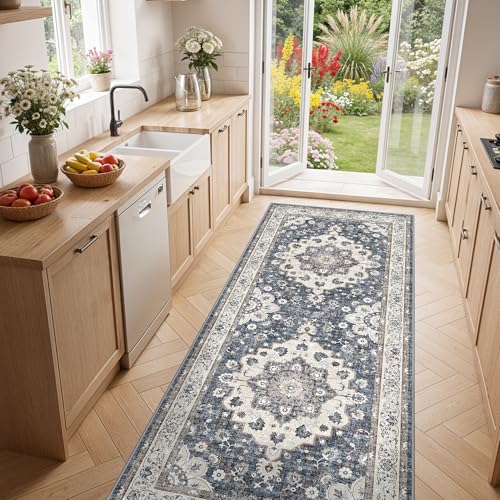 Washable 3x7 Hallway Runner Rug: Non-Slip Stain Resistant Floor Mat Light Weight Thin Runner Rug for Hallway Kitchen Bedside Soft Low-Pile Indoor Entryway Carpet for Young Familys with Pets (3x7,Blue) - color: Blue, size: 3' x 7' (Rectangular)