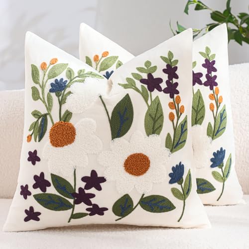 Embroidered Throw Pillow Covers 18x18 Pack of 2 Green Leaves Daisy - color: White Daisy