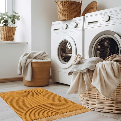 KIBAGA Beautiful Boho Rug with Tassels for Bathroom - Soft 2x3 ft Cotton - color: Mustard, size: 2' x 3' (Rectangular)