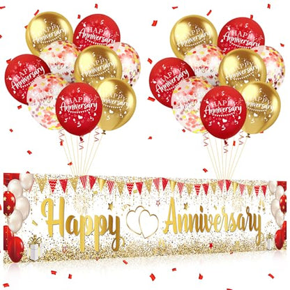 Red Gold Happy Anniversary Banner & Yard Sign with 18pcs 12" Latex Balloons for Wedding Party Supplies