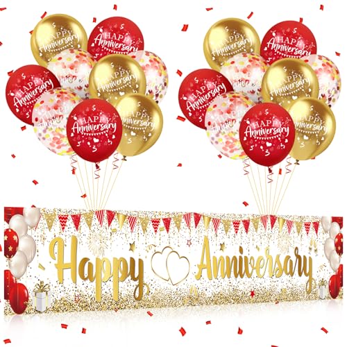 Red Gold Happy Anniversary Banner & Yard Sign with 18pcs 12" Latex Balloons for Wedding Party Supplies