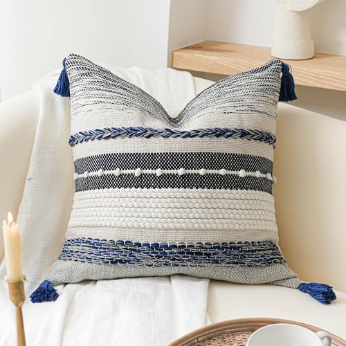 BlissBlush Navy Dark Blue Decorative Throw Pillow Cover 20x20 Square Boho Accent Pillowcase Tassels Farmhouse Cushion for Couch Sofa Bedroom Living Room Home Décor Cover ONLY - color: Dark Blue, size: 20" x 20" (Pack of 1)