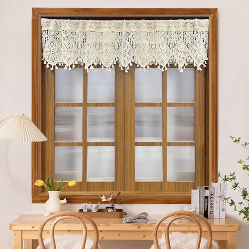Rustic Crochet Curtains Valance for Kitchen Cotton Lace Curtains for Small Window Farmhouse Tassel Curtains for Coffee Decor Rod Pocket Hollow Sheer Curtain Tiers for Bath 1 Panel W35 X L15 Inch