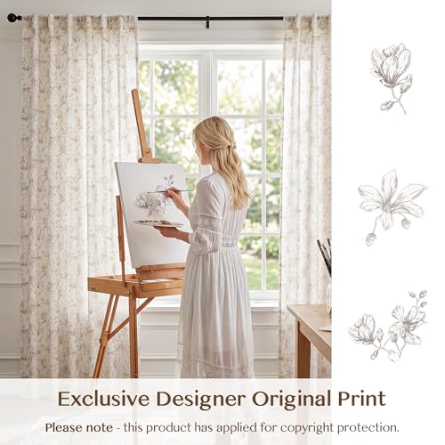 THREE GIRLS Floral Linen Curtains Light Filtering Vintage Farmhouse, Back Tab Rod Pocket Cottage Core Magnolia Print Drapes for Living Room Bedroom Dining Room, Beige on Beige, 90 Inches, 2 Panels - color: Ella Beige on Linen, size: 52"W x 90"L (Pack of 2