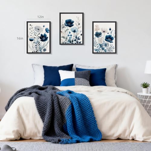Grajoy Wood Framed Navy Blue Botanical Floral Wall Art 12x16 Inch Set of 3 - color: BlueFlower, size: 16"L x 12"W