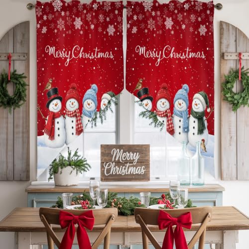 Red Christmas Swag Valances Kitchen Curtains 36 Inches Length, Winter Snowman Snowy Tier Drapes Swag Topper, Farmhouse Xmas Snowflakes Short Window Treatments for Small Windows Cafe 2 Panels 28"x36" - color: Red White Blue Black, size: 28"W x 36"L (Pack o