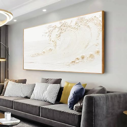 Framed Wall Art Wall Decor Nature Decor Canvas Hand Painted White Wave With Golden Embellishments Artwork Painting Picture For Living Room Bedroom Living Room And Office Wall Decor 24x48 Inch - color: White, size: 48"L x 24"W