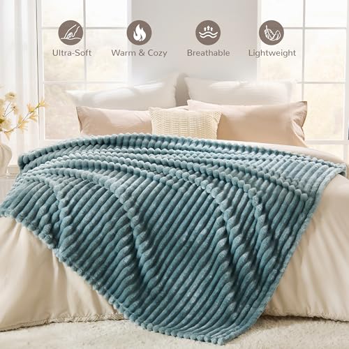 330GSM Ribbed Fleece Twin Blanket for Bed, Dusty Blue, 60"x80" - color: Dusty Blue, size: Twin(60"x80")