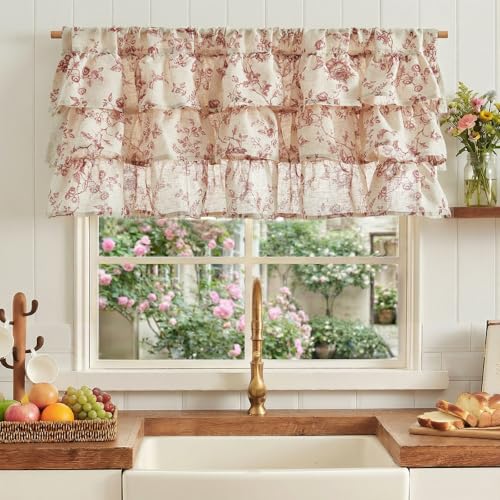 jinchan Amlie Ruffled Floral Valance Curtain 1 Panel 18 Inch Maroon - color: Amlie Maroon on Linen