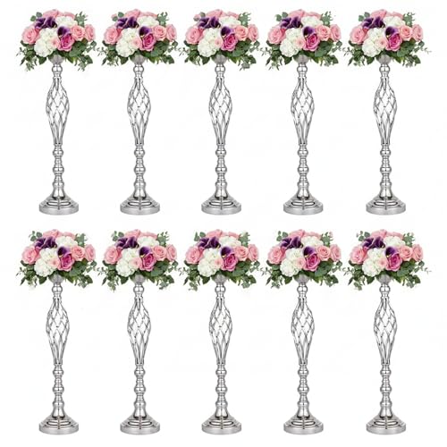 Silver Wedding Vases for Table Centerpieces - Set of 10 Twist Candleholder Stands, Elegant Floral Arrangement Vases, Metal Centerpieces for Reception Table Wedding Road-Leading Home Decor - color: ['Silver'], size: ['10 pieces, 23.23 inches']