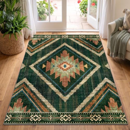 Green Boho Washable Living Room Entryway Area Rugs 3x5Ft Non Slip - color: Green, size: 3' x 5' (Rectangular)