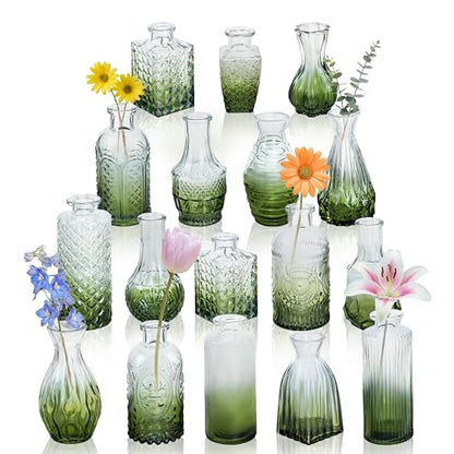 17Pack Glass Bud Vases in Bulk Dark Green Small Mini Vase for Flowers - color: Geen and White
