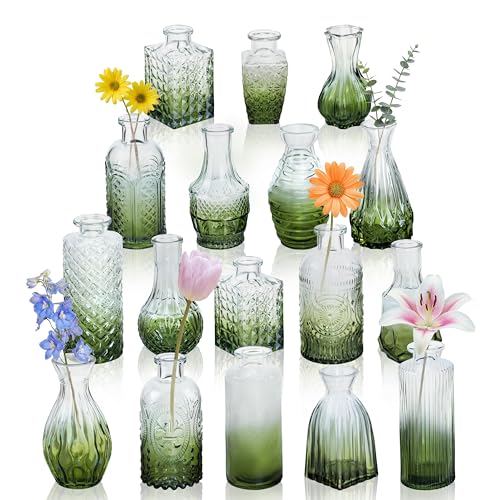 17Pack Glass Bud Vases in Bulk Dark Green Small Mini Vase for Flowers - color: Geen and White