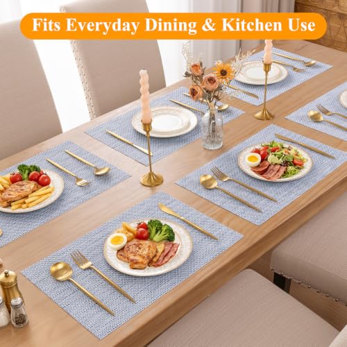 SHACOS Blue White Silver Thread Woven Placemats Set of 4 Vinyl Place Mats - color: Blue White Silver, size: Set of 4