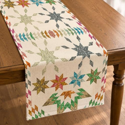 Boho Mandala Table Runner, Retro Colorful Geometric Star Linen Runner 72" - color: Multi Color