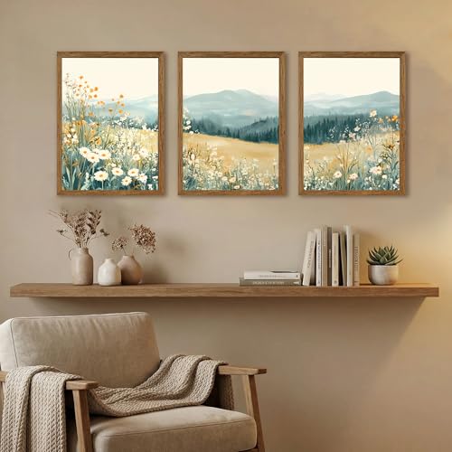 AVECCO 3 Pieces Wildflower Meadow Mountain Framed Canvas Wall Art 12x16 in - color: Mountain flowers, size: 16"L x 12"W