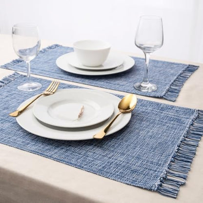 Cotton Placemats Set of 6-13x19 Inch, Woven Chambray Place Mats, Durable & Elegant for Dining Table, Wedding, Restaurant, Machine Washable, Oeko-TEX Certified - Blue - color: Blue - Chambrey