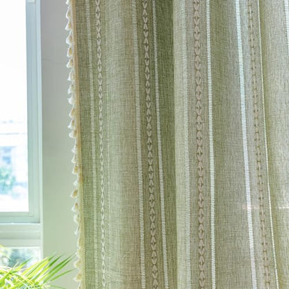 Deeprove Green Boho Linen Curtains 72 inches Length for Bedroom Living Room Dining Nursery Closet, Hollow Sage Semi Sheer Curtains Darkening Embroidery Drape Window Treatment, 1 Panel W52 x L72 - color: Green, size: 52"W x 72"L (Pack of 1)