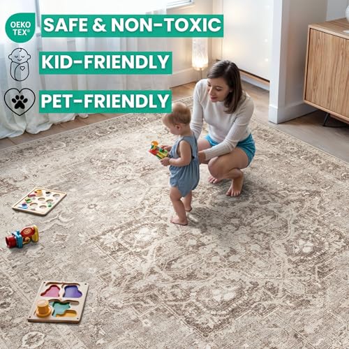 Bloom Rugs Washable Non-Slip 7 ft Runner - Beige/Gray Traditional Runner for Entryway, Hallway, Bathroom, and Kitchen - Exact Size: 2.5' x 7' - color: Beige / Gray, size: 2'6" x 7' (Runner)
