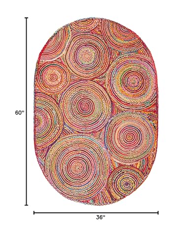 SAFAVIEH Cape Cod Collection Area Rug - 3' x 5' Oval, Red & Multi, Handmade Boho Braided Circles Jute & Cotton, Ideal for High Traffic Areas in Living Room, Bedroom (CAP203A) - color: Red/Multi, size: 3' x 5' (Oval)