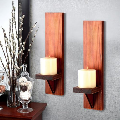OwnMy 2PCS Wood Wall Candle Sconces Rustic Wall Mount Pillar Candle Sconces - color: Brown