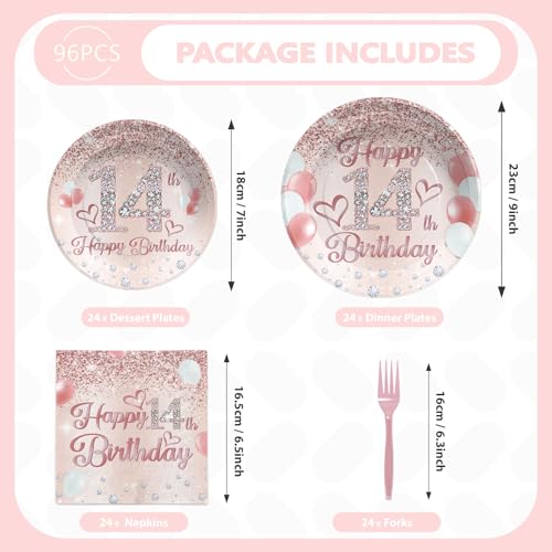 Grencian 96Pcs Rose Gold 14th Birthday Party Decorations, Serves 24 - style: Rose Gold 14th Birthday