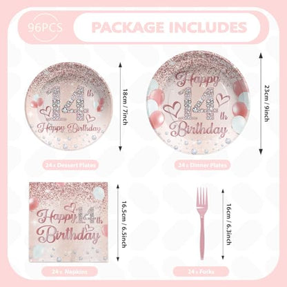 Grencian 96Pcs Rose Gold 14th Birthday Party Decorations, Serves 24 - style: Rose Gold 14th Birthday